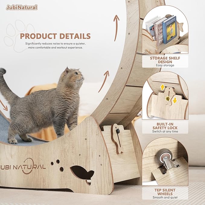 Cat Exercise Wheel for Indoor Cats, 35.9" Compact Cat Running Wheel with Scratching Board, Teaser Toy & Storage Shelf, Quiet Carpet Track, Safety Lock & Anti-Pinch Design, Space-Saving Cat Treadmill