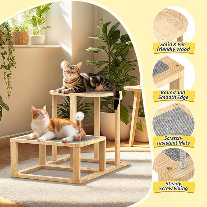 Pawaboo 16.9in Cat Tree Tower, 2-Level Cat Scratch Post with Scratching Mats, Cats Teasers & Hanging Ball, Cats Tree for Indoor Kittens, Natural Wooden Scratcher Beds & Furniture for Kitties