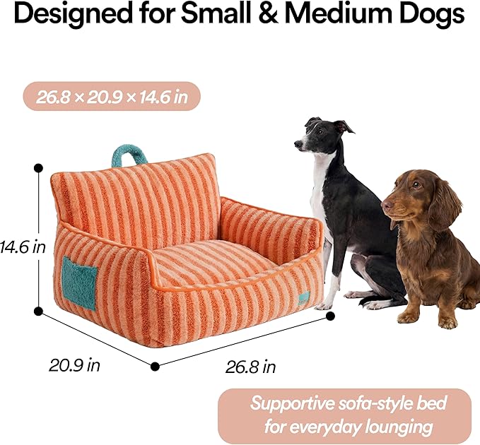 ZEZE Furniture-Style Sofa Pet Bed, Washable Plush Couch Bed with Bolstered Sides & Non-Slip Bottom for Dogs & Cats, Cozy Indoor Bed (Orange, Large)