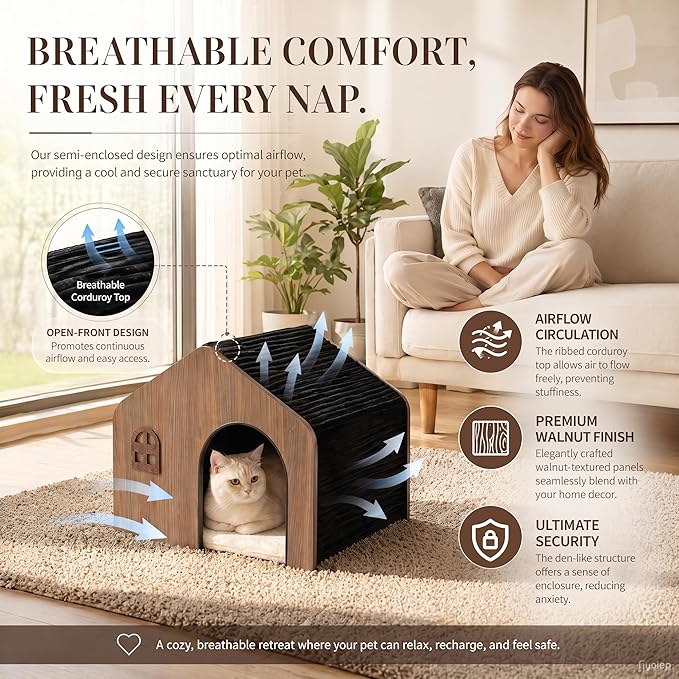 Modern Wooden Cat House Indoor – E0 Grade Enclosed Cat Cave Bed with Washable Cushion, Eco-Friendly Non-Toxic Pet Furniture for Kittens & Medium Cats