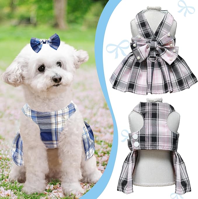 Dog Dress Bowknot Harness Leash Set for Small Dogs Girl Cute Plaid Dog Dress Pearls Bow Tie Spring Summer Princess Clothes Birthday Holiday Doggie Outfits for Puppy Cats Girl Apparel (Black, X-Large)