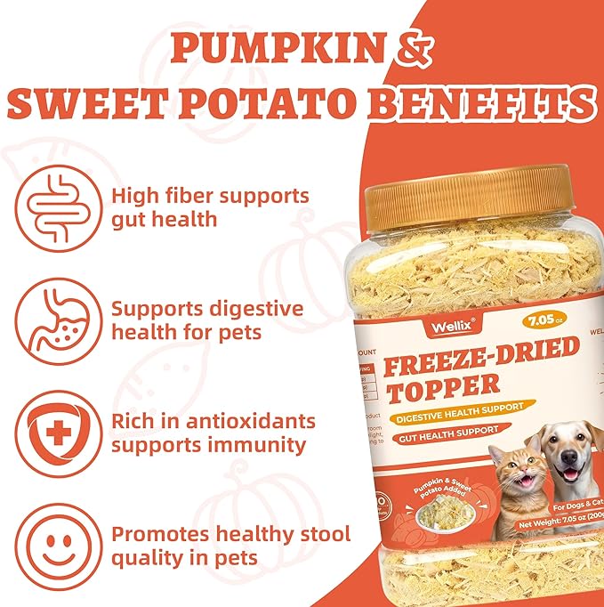 Wellix 7.05 oz Dog & Cat Food Topper - Pumpkin & Sweet Potato Flavor Freeze Dried Chicken Formula Low Calorie - Support Constipation Relief & Gut Health, Boost Immune System