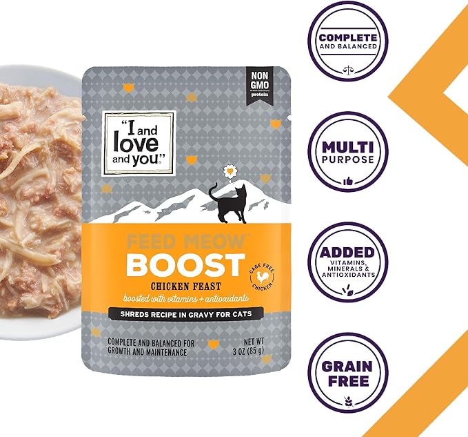 I AND LOVE AND YOU Feed Meow Boost Wet Cat Food - Chicken - Antioxidants & Vitamins for Vitality, Grain Free, Shredded, 3oz Pack of 12