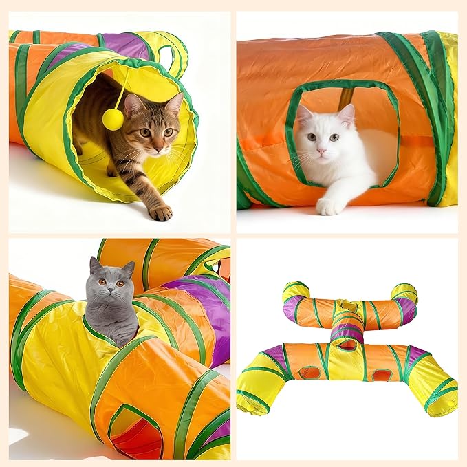 Cat Tunnels for Indoor Cats, Cat Tunnel with Plush Ball, Kitten Tunnel Collapsible, Cat Play Tunnel with Interactive Peephole for Large Cat, Puppy, Kitten (Colorful-4 Way)