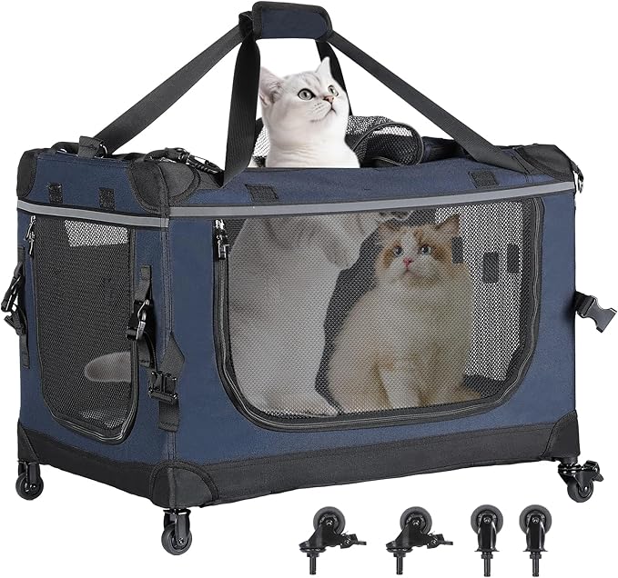 PEGIC 24‑inch Rolling Cat Carrier with Pull Strap: Spacious Travel Solution for Large Cats & Two Kittens, Reinforced Non‑Sagging Base for Car Rides & Vet Visits