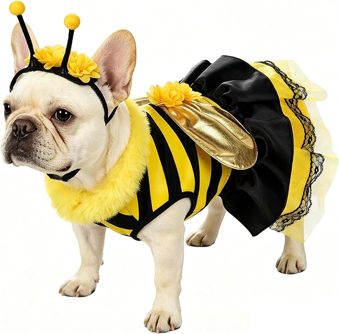 Relibeauty Dog Bee Costume, Cute Cat Bumblebee Dress with Headband and Wings for Halloween Themed Party, Yellow, L