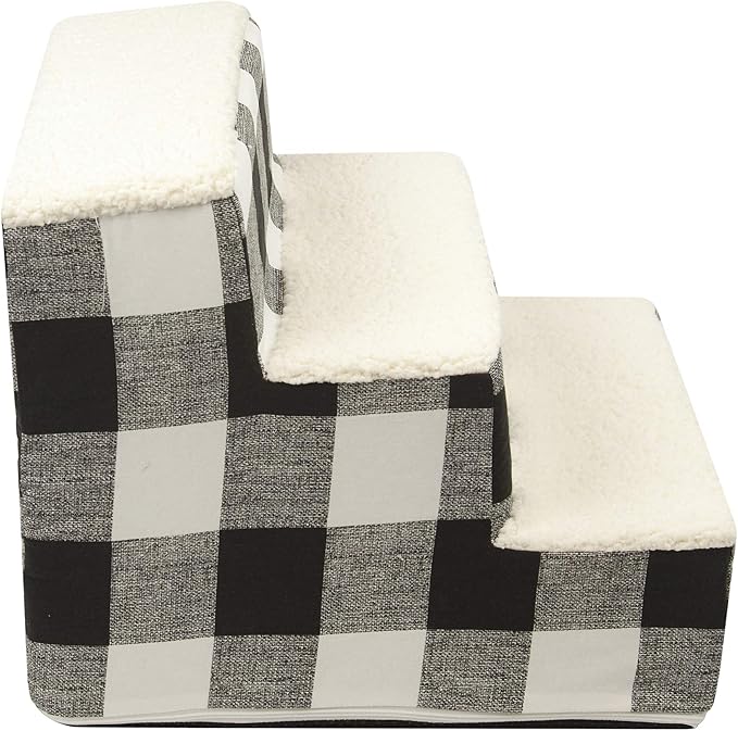 Majestic Pet 3 Step Portable Dog Stairs for Small Dogs to get on Bed Supports 25 lbs or Less – Dog Steps for High Bed with Machine Washable Cover – Pet Stairs for Cats Anderson Check Charcoal Black