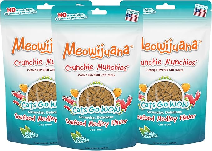 Meowijuana Seafood Treat Trio | 3-Pack Crunchie Munchie Seafood Catnip Treats | Low Calorie Cat Snack | Made with Organic Catnip | Produced in the USA
