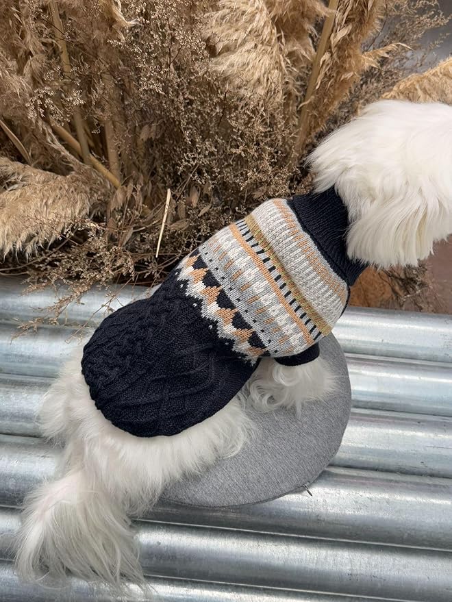 Knit Dog Sweater Turtleneck Cat Cold Weather Pullover Pet Vintage Cable Thick Warm Winter Clothes for X Small Dogs Cats Medium Pug Dachshund Yorkie (Navy, Medium)