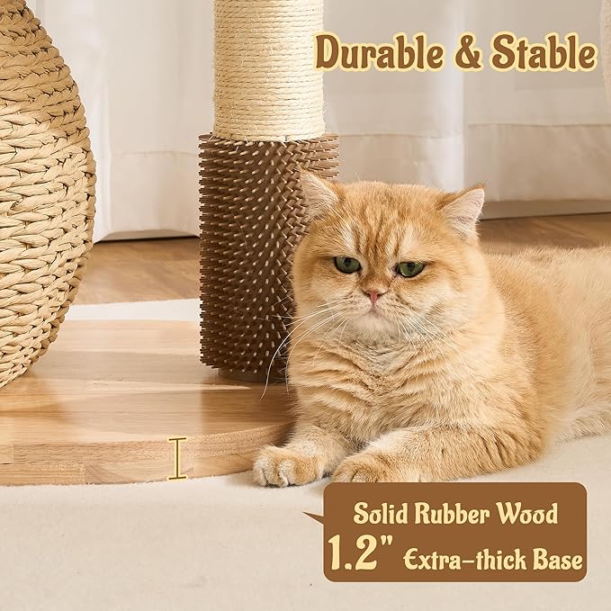 Modern Cat Tree Tower for Indoor Cats, 30" Solid Wood & Rattan Cat Tree Tower with Scratching Posts & Self-Groomer, Super Soft Plush Bed, Hand-Made Wicker Cat Bed Cave for Small to Medium Cats