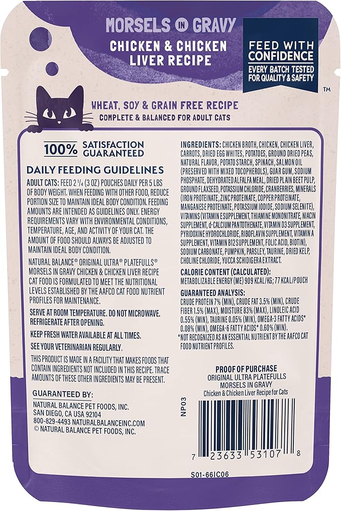 Natural Balance Original Ultra Platefulls Indoor Adult Grain Free Wet Cat Food, Chicken & Chicken Liver Recipe, 3 Ounce Pouch (Pack of 24)