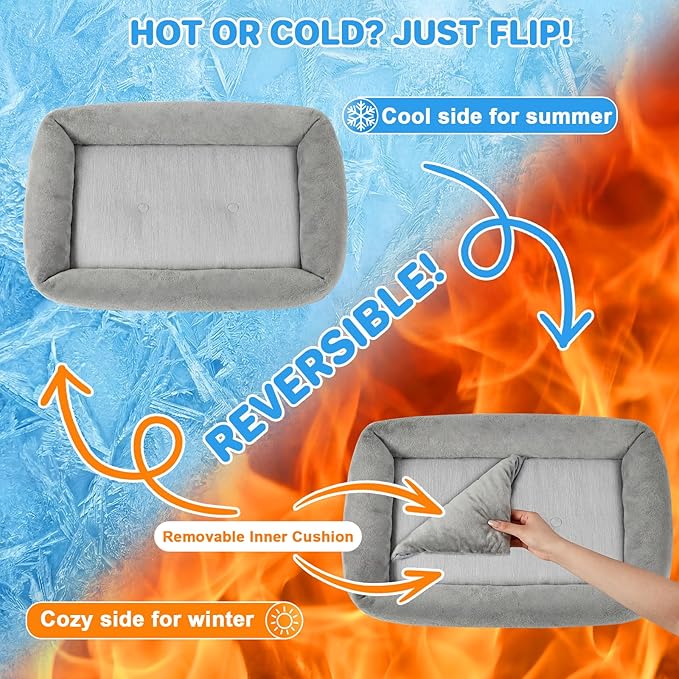 Washable Dog Bed for Small Medium Dogs - Removable Inner Cushion & Reversible Design (Ice‑Silk Cooling Layer | Sherpa Fleece Layer), Non‑Slip Bottom Dog Beds for Crate, Grey (20" × 14")