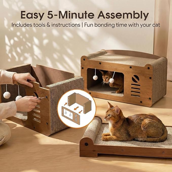 Luxury Cat Scratcher House, Retro TV Shaped Cat Condo, Large Cardboard Cat Scratching Board with Premium Dark Walnut Finish, Elegant Pet Furniture, 22x12x12in