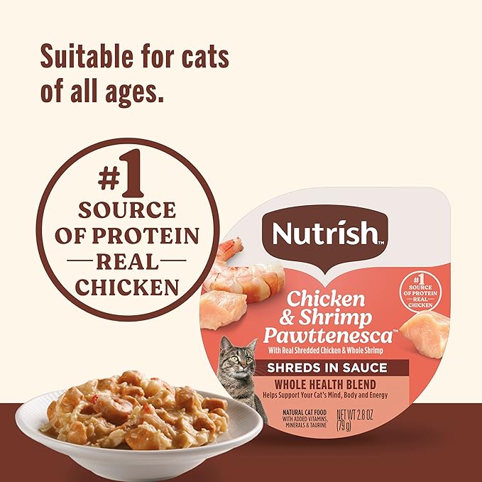 Nutrish Grain Free Wet Cat Food Chicken & Shrimp Pawttenesca Whole Health Blend with Real Shredded Chicken & Whole Shrimp in Sauce, 2.8 oz. Cup, Pack of 12 (Rachael Ray)