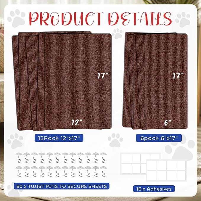 18 PCS Large Cat Scratch Furniture Protector, Couch Protector from Cat Claws, Scratch Mat for Pet Couch Furniture Covering, Cats Scratching Post Replacement Pads 17IN (Brown)