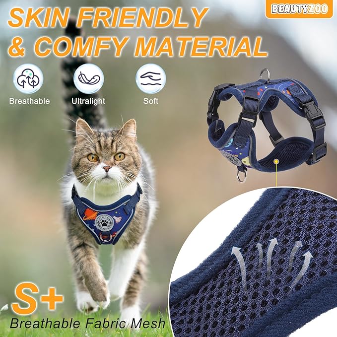 BEAUTYZOO Cat Harness and Leash for Walking, Escape Proof Soft Adjustable Vest Harnesses for Medium Large Cats, Easy Control Breathable Reflective Strips Jacket, Blue, M