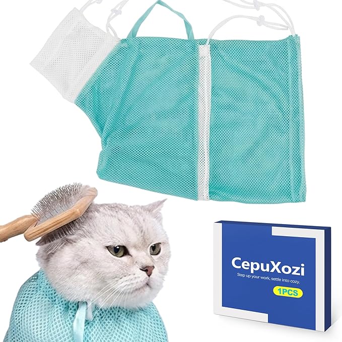 Adjustable Cat Bathing Grooming Bag, Anti-Scratch Breathable Mesh Cat Restraint Wash Bag for Shower, Nail Trimming, Ear Cleaning, Pet Cat Grooming Supplies