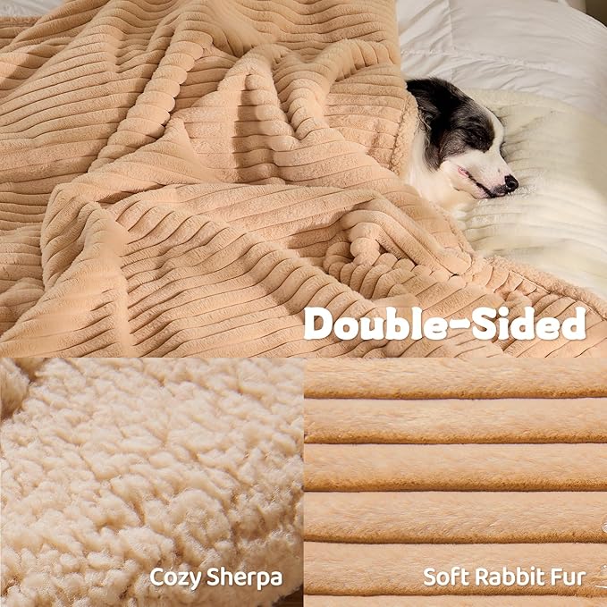 Qeils Waterproof Calming Dog Blanket for Large Dogs, Noiseless Soft Plush Pet Blanket for Bed, 500GSM Thick Faux Fur Pet Throw, Cozy Couch Furniture Protection Washable, Sand Beige, 50x60IN