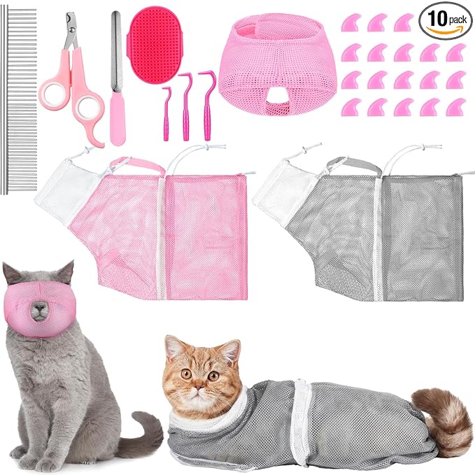 10 Pcs Cat Bathing Bag Set Mesh Shower Bag Anti Bite and Scratch Pet Grooming for Washing Brush, Cat Muzzle, Nail Clipper, Nail File, Tick Tool (Gray and Pink)