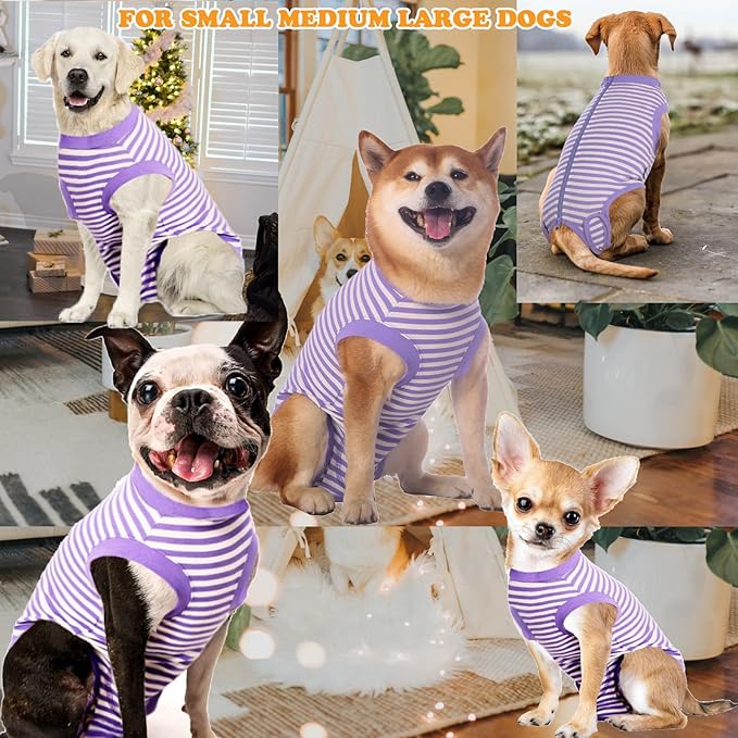 Dog Recovery Suit Medium,Female Spay Male Surgery Recovery Shirt,Soft Combed Cotton Puppy Suit,M Purple-White Striped