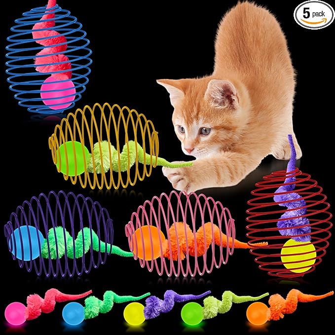 Jecery 5 Pcs Cat Spring Toys Stretchable Rolling Balls Colorful Playful Coils Interactive Action Toy Caged Rats for Kitten Pet Supplies (Caterpillar Bouncy Ball,Multicolor)