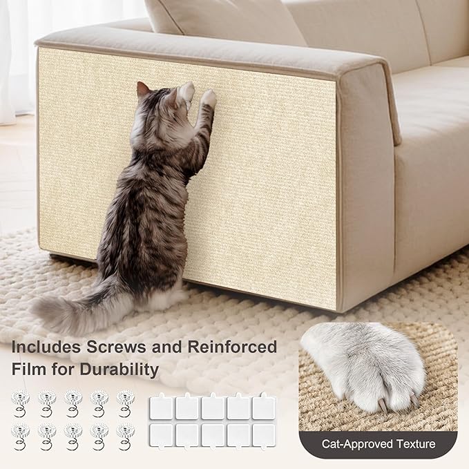 Cat Scratch Furniture Protector, 39.7"x15.7" Trimmable Self-Adhesive Cat Scratching Mat, Corner Couch Protector from Cat Claws, DIY Anti-Scratch Pad Rug for Sofa, Wall, Floor & Door, Beige