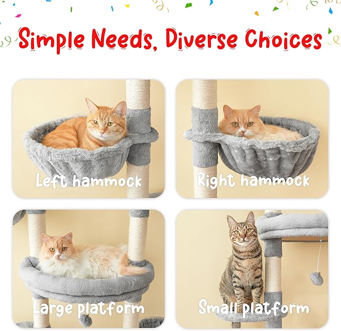 Cat Tree, Floor to Ceiling Cat Tower Adjustable Height [92.9-102.4 in=235-258cm], 7 Tiers Cat Climbing Play House with Scratching Post, Cozy Condo&Hammocks for Indoor Cats, Light Grey