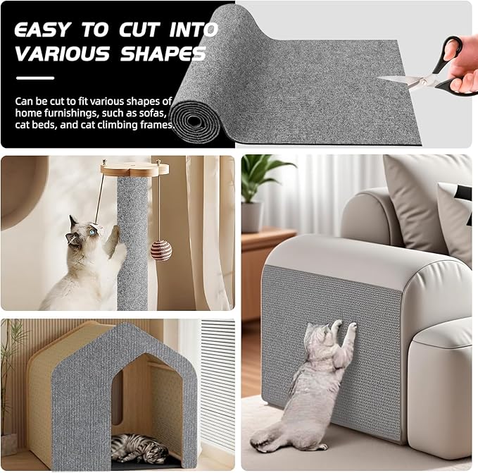 Cat Scratch Furniture Protector, Trimmable Self-Adhesive Cat Scratch Pad, 78.7"x11.8" Carpet Cover for Couch, Sofa, Walls, Furniture Cat Scratcher Board, Anti Scratch Pad for Cat Claws (Gray)