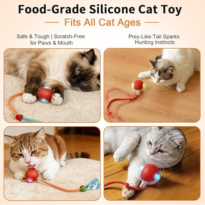 Interactive Cat Toy Ball - 3 LED Modes Motion Activated, Elastic Mesh Tail Type-C Rechargeable Self-Playing Toy for Bored Indoor Cats Kittens, Ideal Gift for Cat Lovers (Red)