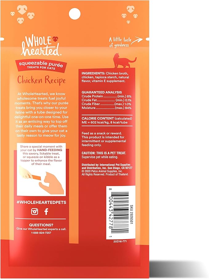 WholeHearted Chicken Recipe Puree Squeezable Cat Treats, 0.5 oz., Count of 4