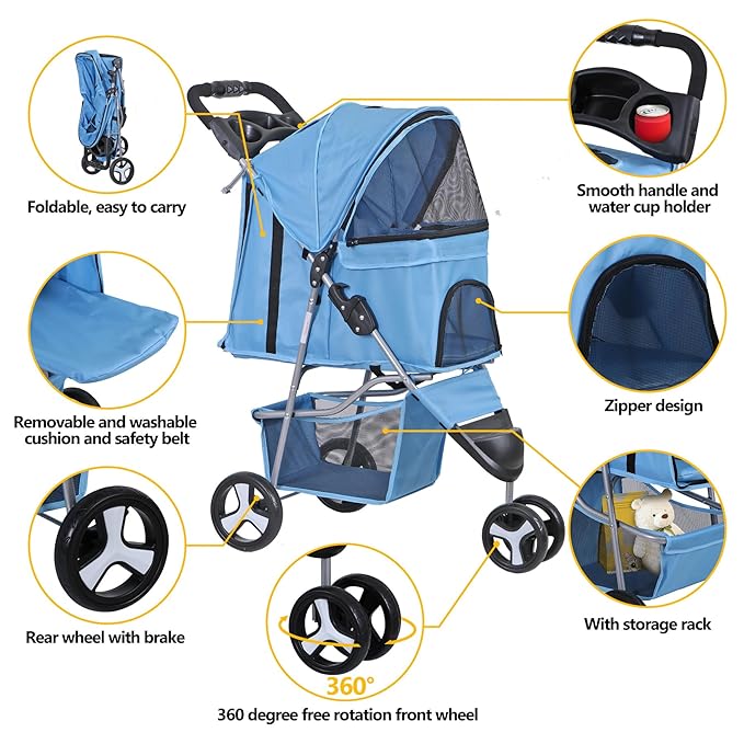 JungleA Foldable Pet Stroller for Cats Dogs,3 Wheel Jogger Stroller for Small to Medium Pets,Lightweight & Portable & Durable PetStroller with Weather Cover, Storage Basket and Cup Holder,Blue