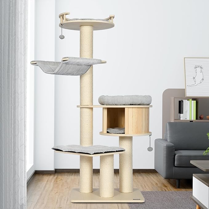 KAMABOKO Tall Cat Tree, 68" Large Cat Tower Multi-Level Platforms with Sisal Scratching Posts, Cat Tree for Large Cats 20 lbs Heavy Duty, Cat Condo Furniture for Active Cats, Top Fence Safety
