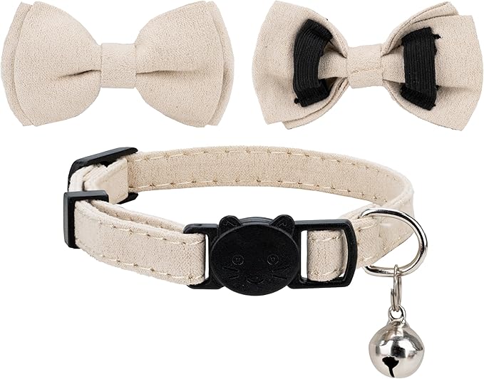 Cat Collar with Bow Tie Bell Breakaway Kitten Small Pet Safety Solid Wedding Basic Pure Color Suede Soft Adjustable [1pc] Cream