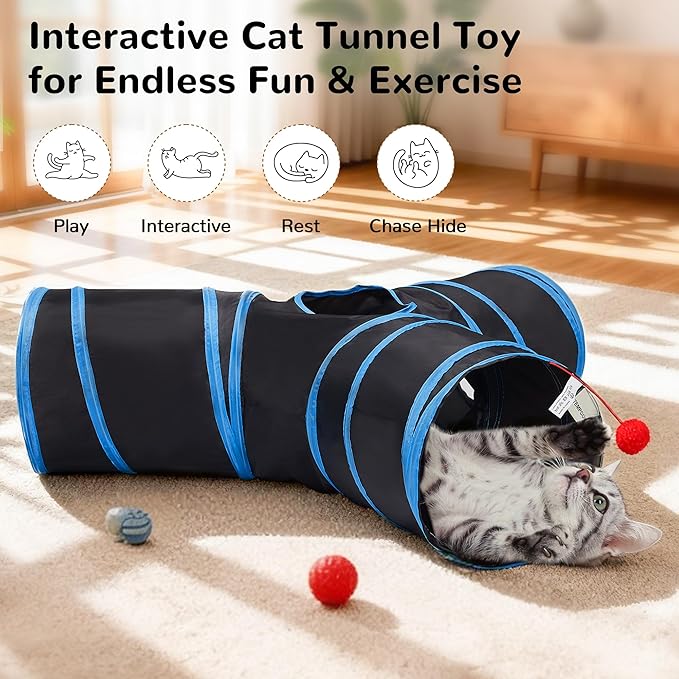 Tempcore Cat Tunnel for Indoor Cats, 3-Way Collapsible Play Tunnel with Teaser Wand, Peek Holes & Toy Ball, Small Pet Toy for Kittens & Rabbits, Black & Royal Blue