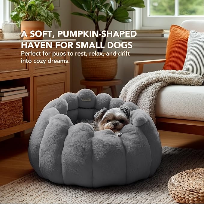 PETNOVO Grey Pumpkin Cat Bed, Plush Donut Cuddler with High Bolster, Non-Slip Cozy Pet Nest for Indoor Cats up to 13 lb and Small Dogs, 20L x 20W x 12H Inch