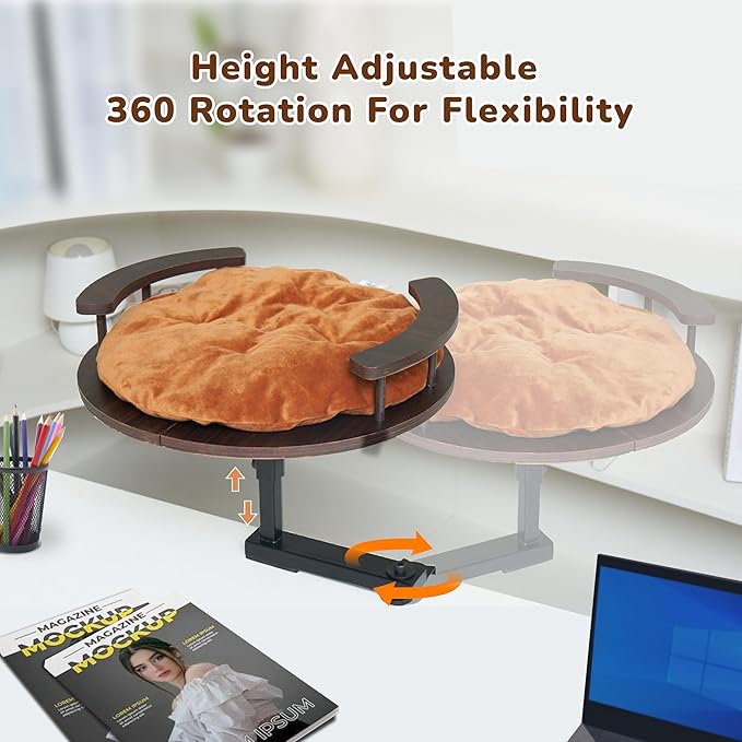 Up to 45LBS Cat Desk Bed - 360° Rotation & Adjustable Height, Pet Perch for Desks with Washable Cushion, Desk Cat Bed Attachment for Various Tables (Wood_Brown Cushion)