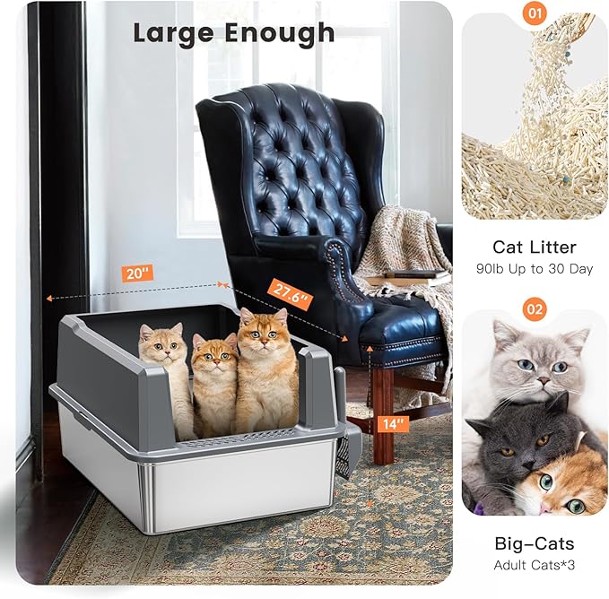 WoofiGo XXL Stainless Steel Cat Litter Box with High Sided, 27.6" L x 20" W x 14" H Extra Large Litter Box for Big Cats and Multiple Cats, Enclosure Cat Litter Pan with Anti-Urine Leakage, Easy Clean