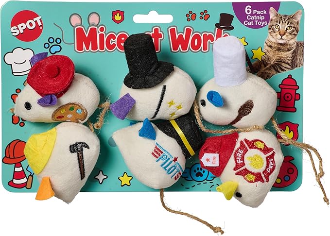 SPOT Mice at Work Cat Toys, Catnip Filled Plush Mice for Indoor Cats, Lightweight Toy Mice with Career Designs, for Single or Multi Cat Homes, 3 in, 6 Count