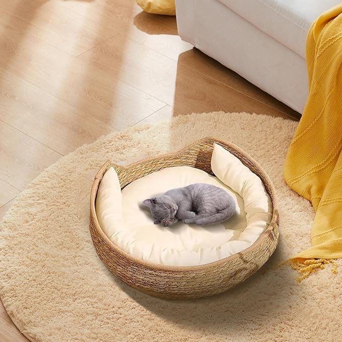 Cat Bed - Woven Pet Sleeping Basket, Cat Basket Bed, Soft Cushion Resting Lounge with Pillow | All Season Animal Relaxation Furniture, Comfortable Indoor Nest Style Sleeping Space | Daily Comfort