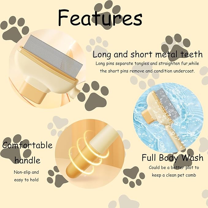 2Pcs Pet Comb Flea Comb for Cats Dogs,Self-Cleaning Cat Grooming Brush with Release Button and Stainless Steel Round Teeth,Detangling Long and Matted on Cats and Dogs(Yellow+Green)