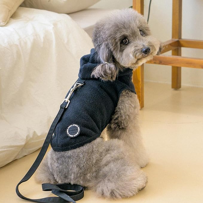 Puppia Zuko Warm Winter Hooded Polar Fleece Shirts with Integrated Harness for Small and Medium Dogs, Black, Medium