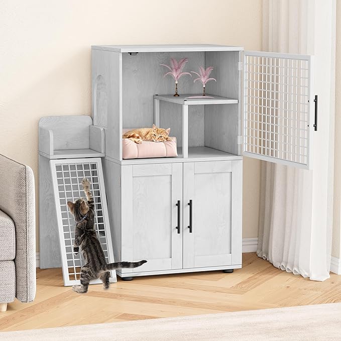 IDEALHOUSE Modern Cat Litter Box Enclosure with Platform, Double Layer Hidden Litter Box, Indoor Washroom, Villa Cat House with Ladder, 33.5" l x 17.9" w x 41.9" h,White