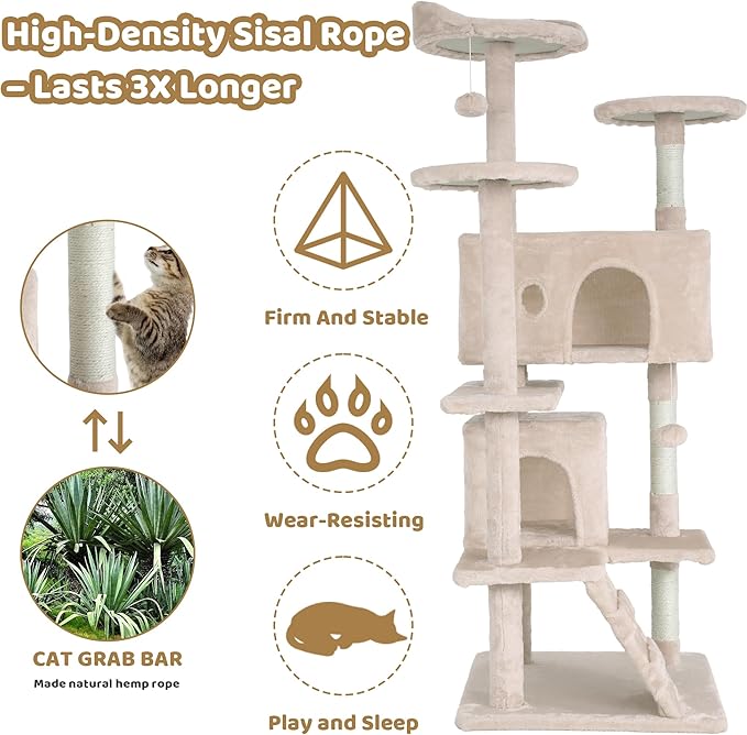 54" Cat Tree for Indoor Cats - Multi-Level Cat Tower with Scratching Posts, Jumping Platforms, Spacious Condo, Cat Bed Cave & Hidden Spaces - Durable Cat Furniture - Beige