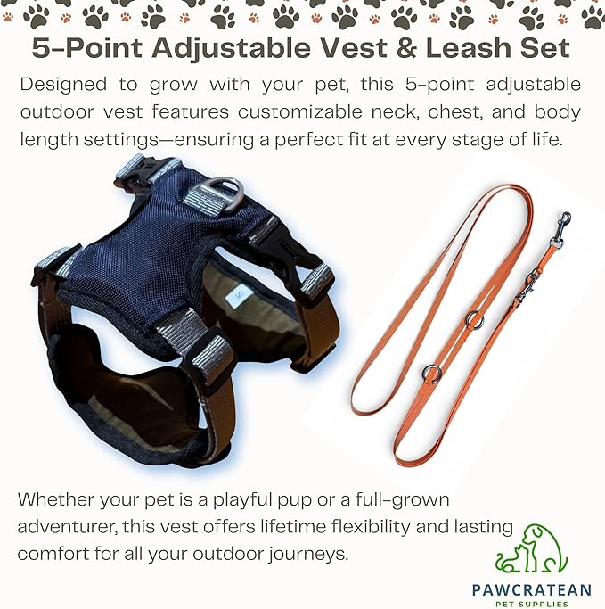 Adult Cat Outdoor Harness, 5-Point Adjustable Vest and Leash Set, Navy Blue, Reflective, Soft Material (Medium)