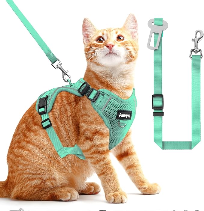 Cat Harness and Leash for Walking, The Upgrade Can be Adjusted in Four Directions and Breathable Cat Harness for Anti Escape that can be Fitted and Positioned, Reflective Strips Harness, Green, M
