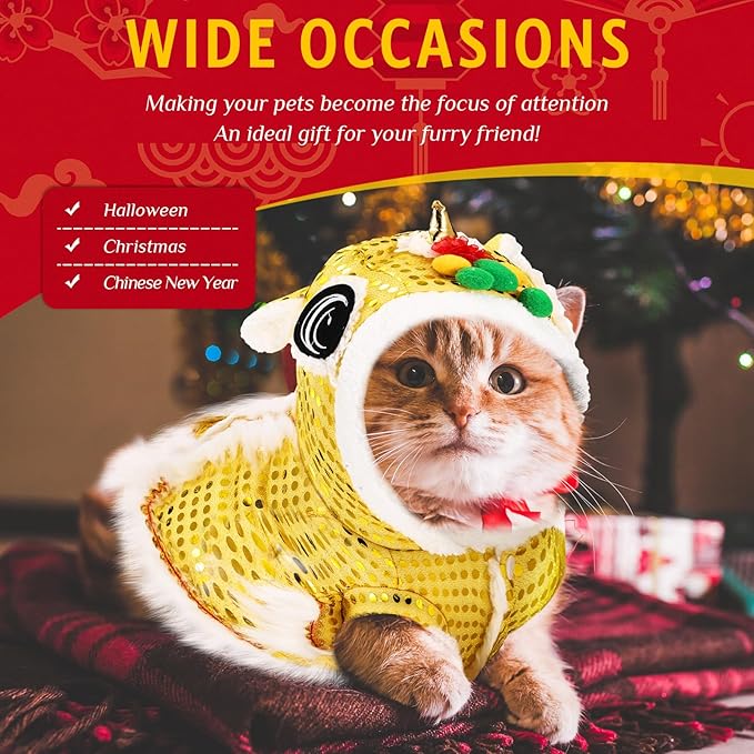 LEIFIDE Lion Dance Dog Costume Chinese New Year Pet Costume with Sequins Chinese Lion Dance Cloth Dog Clothes Hoodies Coat for pet New Year Spring Festival Dress up(Large,Gold)