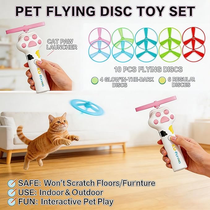 Cat Fetch Toy Launcher,Flying Disc Launcher Toy Rechargeable with 10 Flying Discs,Flying Cat Toy Disc Launcher for Kitten Dog Playing Interactive Hunting Tracking Toys for Outdoor Indoor,White