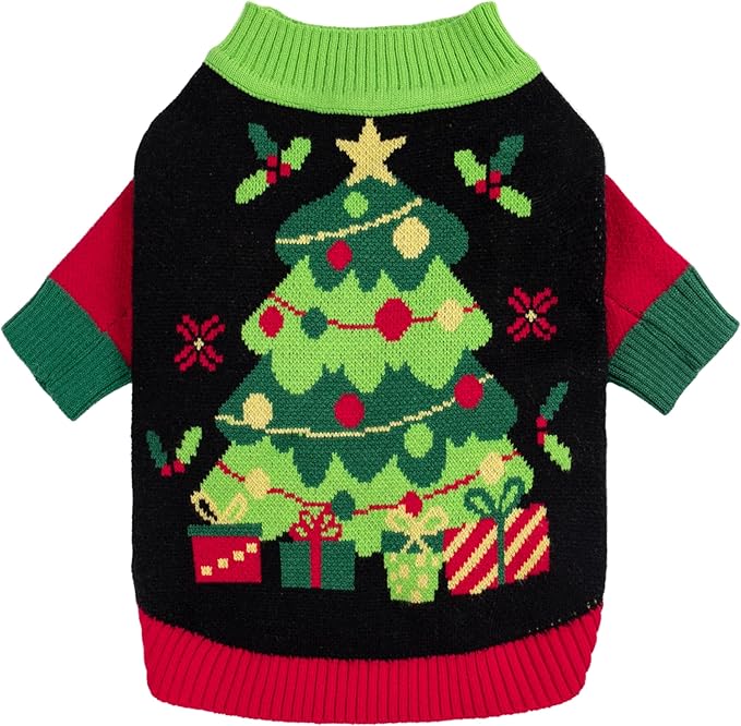 Fitwarm Cozy Dog Christmas Sweater, Thermal Winter Clothes for Small Dogs, Boy & Girl, Holiday Pet Apparel, Black, Red, Green, Yellow, Large