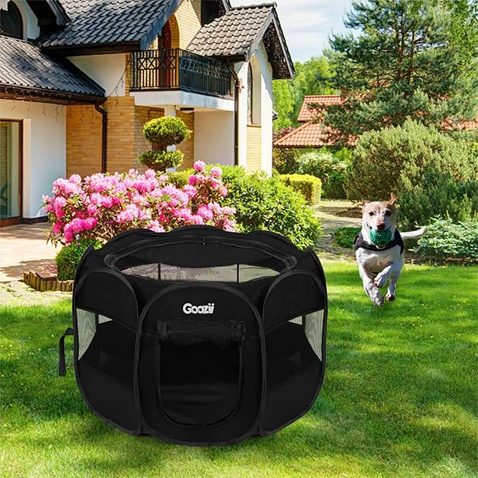 GOOZII Puppy Playpen Indoor for Small Dogs, Portalble Pet Dog Play Pens Kennel Crate with Top Cover Floor Door Enclosed for Large Cats Animal as Dog Lovers (Black, Medium Size)