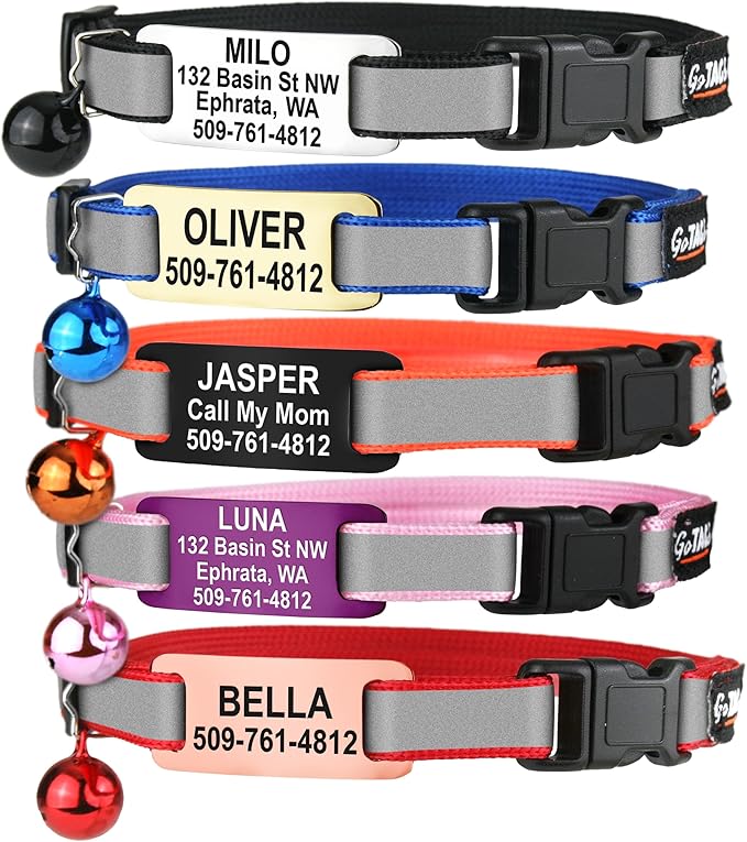 GoTags Reflective Cat Collars with Personalized Tag, Breakaway Collar with Safety Buckle Matching Bell, Engraved Custom with Name and Phone, Adjustable for Cats and Kitten, (Orange with Nameplate)